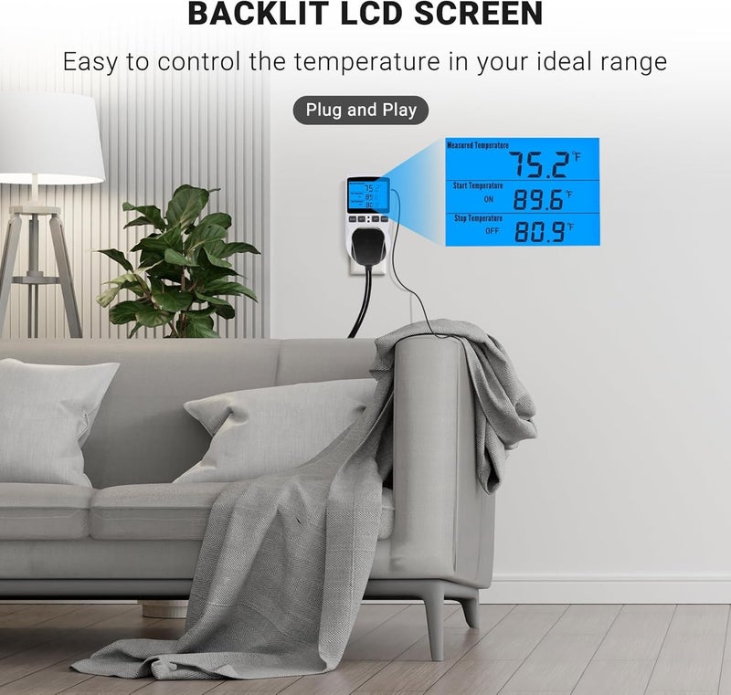 INKBIRDPLUS Plug in Thermostat Temperature Controlled Outlet Digital Thermostat Outlet Heating Cooling Control Timer 1800W 110V 15A Backlit Display (TC/Timer) - Image 4